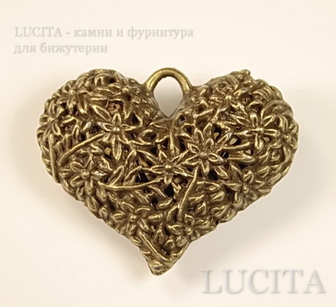 Подвеска "Сердце в цветах" 3D (цвет - античная бронза) 41х33х14 мм ()