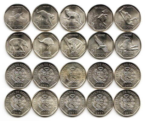 Набор из 10 монет 1 соль Перу 2017-2019 г. Красная книга. Медно-никель UNC