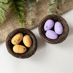 Яйца пасхальные в гнезде, декоративные, Разноцветные из пенопласта, 2*3 см, гнездо 2 шт