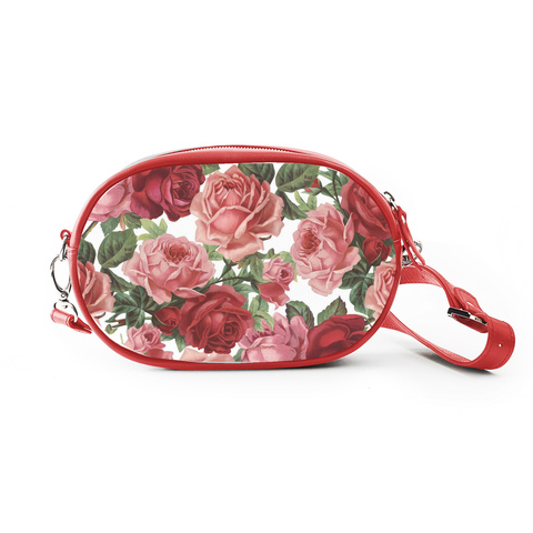 Сумка кросс-боди овальная комбинированная "Розовый куст", красная с белой вставкой