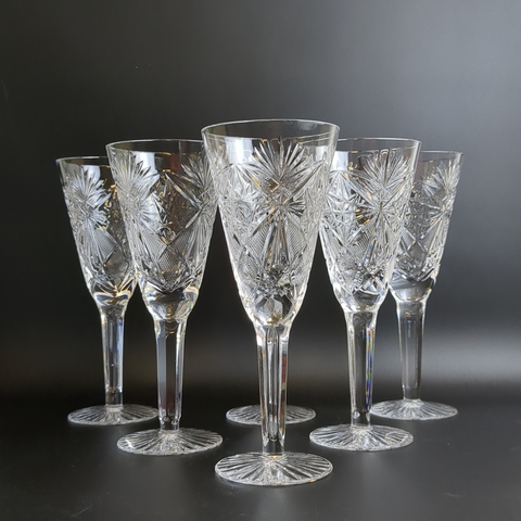 Фужеры набор из 6 штук хрустальные, алмазная герань, резной геометрический орнамент, 20.3 см, винтаж СССР 1970-1990 гг (55)