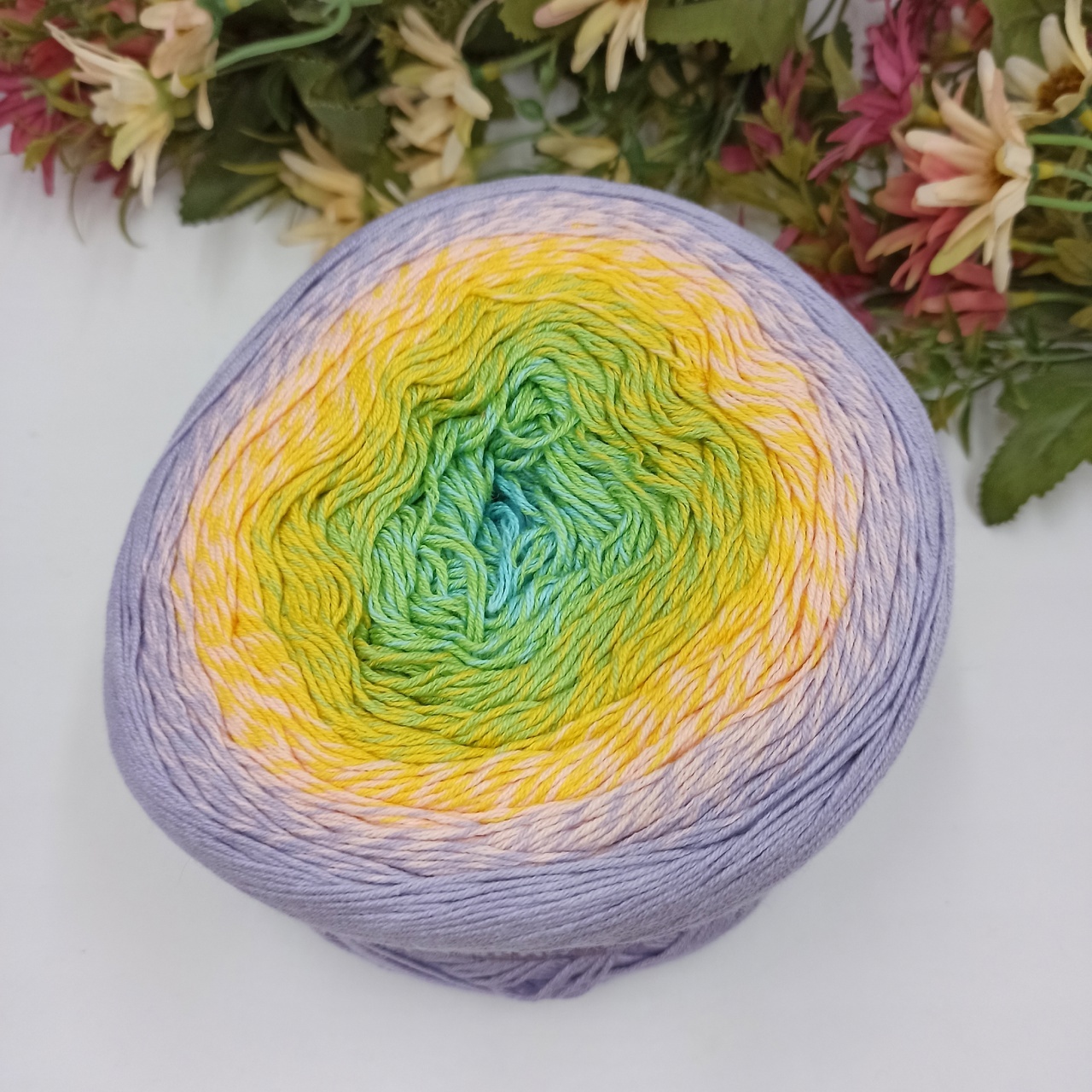 Хлопок секционного окрашивания  Flowers Yarn art 285, Турция Сиреневый-желтый-Салат-Мята