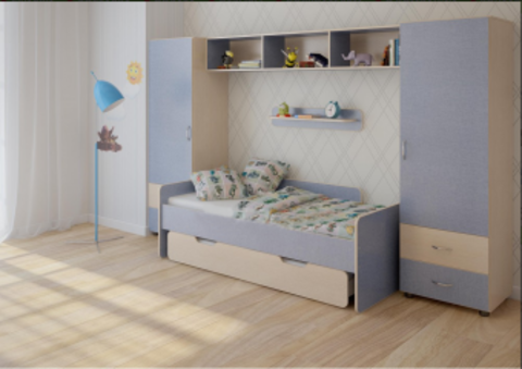 Детская стенка КарИВи Л-№16  Дуб Молочный Светло-синий, голубой