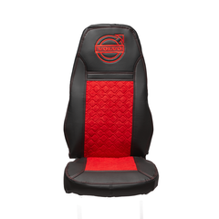 Чехлы VOLVO FH-13 после 2018 года: 2 высоких сиденья, ремни из сиденья (есть вырезы под ремень) (экокожа, черный, красная вставка)