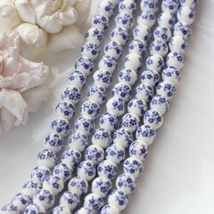 Бусина Шарик, керамика, белая с синей росписью, 10 мм, 1 нить, К156