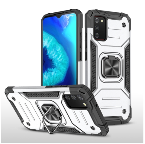 Противоударный чехол Strong Armour Case с кольцом для Samsung Galaxy A02s (Серебристый)