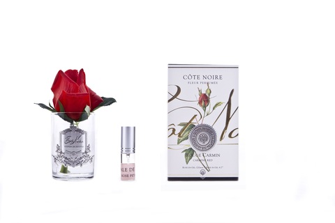 Ароматизированная роза в прозрачной вазе и 1 спрей 13.5х8х8 Cote Noire Rose Bud carmine red
