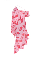 Асимметричное платье миди из шифона с принтом и воланами