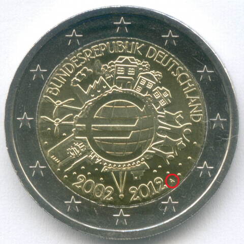 2 евро 2012 год (A). Германия. 10 лет наличному евро. Биметалл AU
