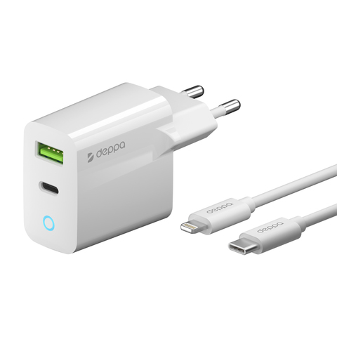 Сетевое зарядное устройство USB-C + USB A, PD 3.0, QC 3.0, 20Вт, дата-кабель USB-C - Lightning (MFI)