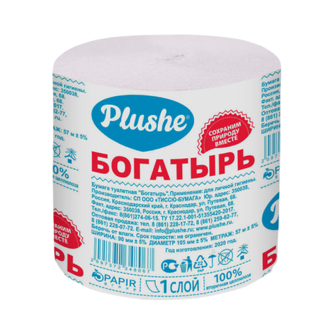Туалетная бумага Плюше Богатырь 1сл без втулки, шт