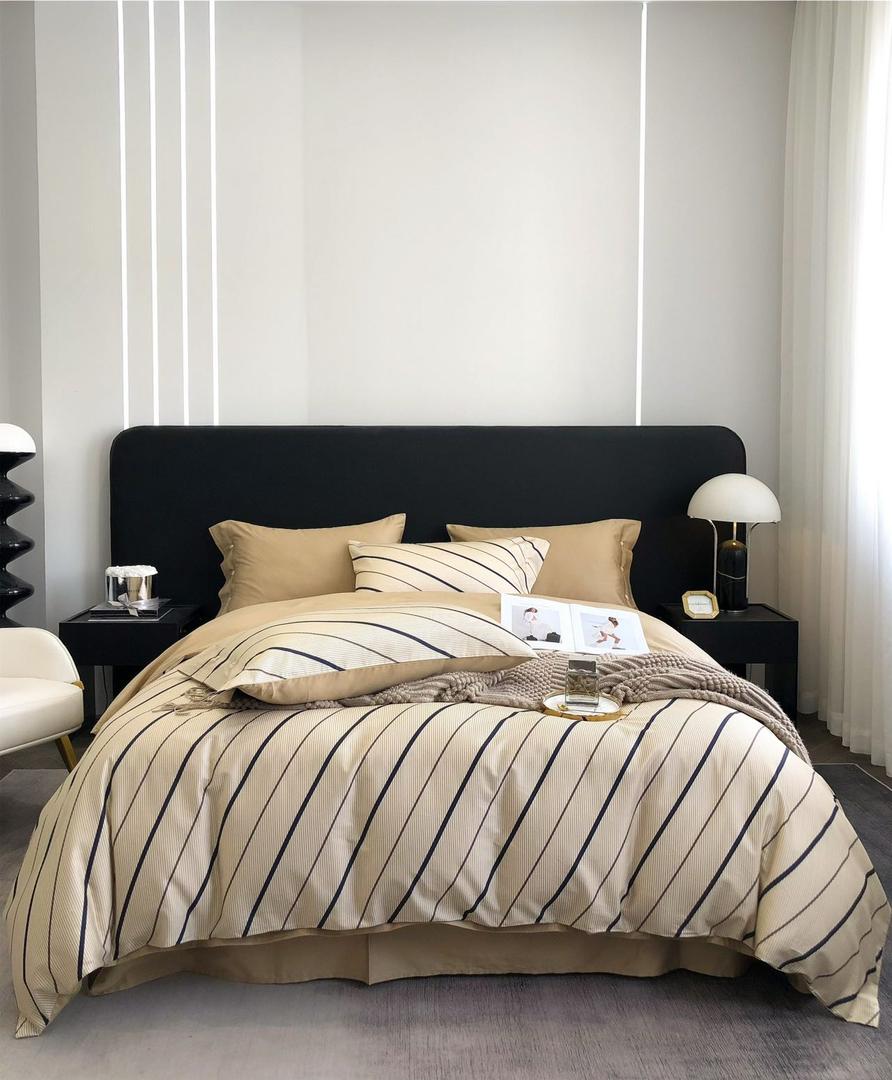 Постельное белье ЕВРО (двуспалка) Египетский Хлопок Бежевый полосы