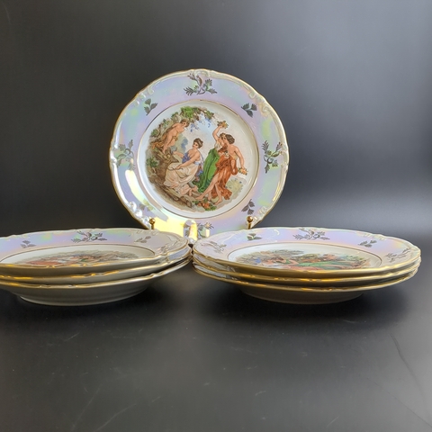 Тарелки десертные набор из 7 штук, из сервиза "Мадонна", Kahla GDR, люстр, изображение, золочение, винтаж времён 1970-1990 гг