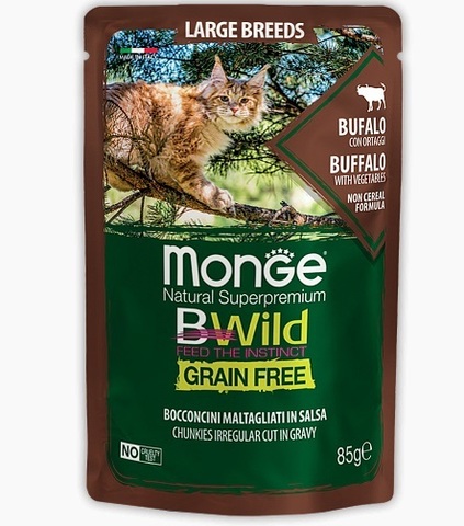 Monge Cat BWild GRAIN FREE паучи из мяса буйвола с овощами для кошек крупных пород 85г