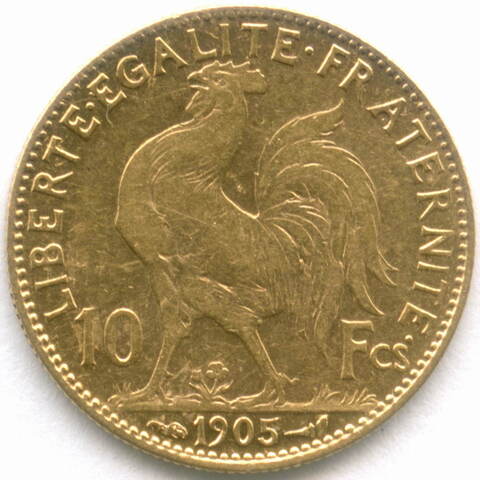 10 франков 1905 год . Франция. 3-я республика. Золото VF-XF
