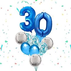 Композиция из синих шаров с конфетти с цифрами на 30 лет