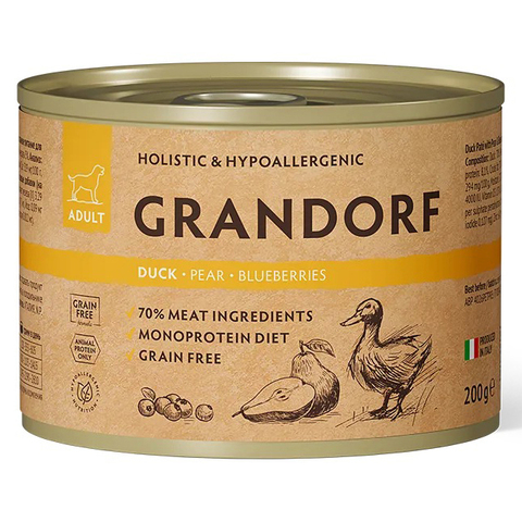 GRANDORF (Duck Pate + Pear + Blueberries) MONOPROTEIN монопротеиновый влажный корм для собак всех пород (беззерновая формула для особо аллергичных собак), УТКА + ГРУША + ЧЕРНИКА, 200г х 6 шт