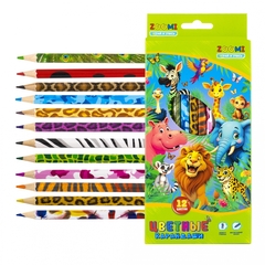 Карандаши цветные Zoomi 12 цв., "ZOO. Джунгли" деревянные, шестигранные, заточенные, дизайн на корпусе, грифель 3.0 мм, картон. уп., европодвес
