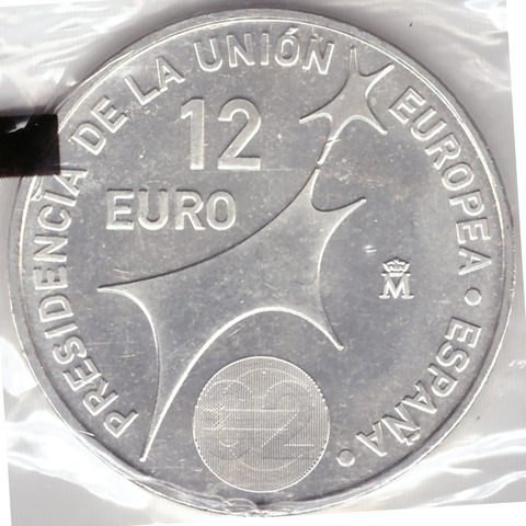 12 евро 2002 год. Испания. Председательство Испании в ЕС. Серебро UNC в запайке