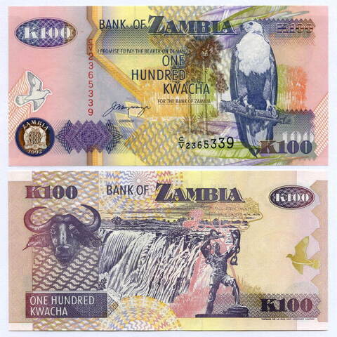 Банкнота Замбия 100 квача 1992 год C/V 2365339. UNC