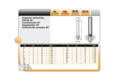 Зенковка ц/х 90° 16,0мм HSSE-Co5 3z L46,5мм d8мм Bucovice(CzTool) 745160