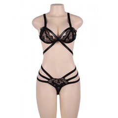 Комплект белья: бра и стринги с ремешками черные (размер XL-2XL)