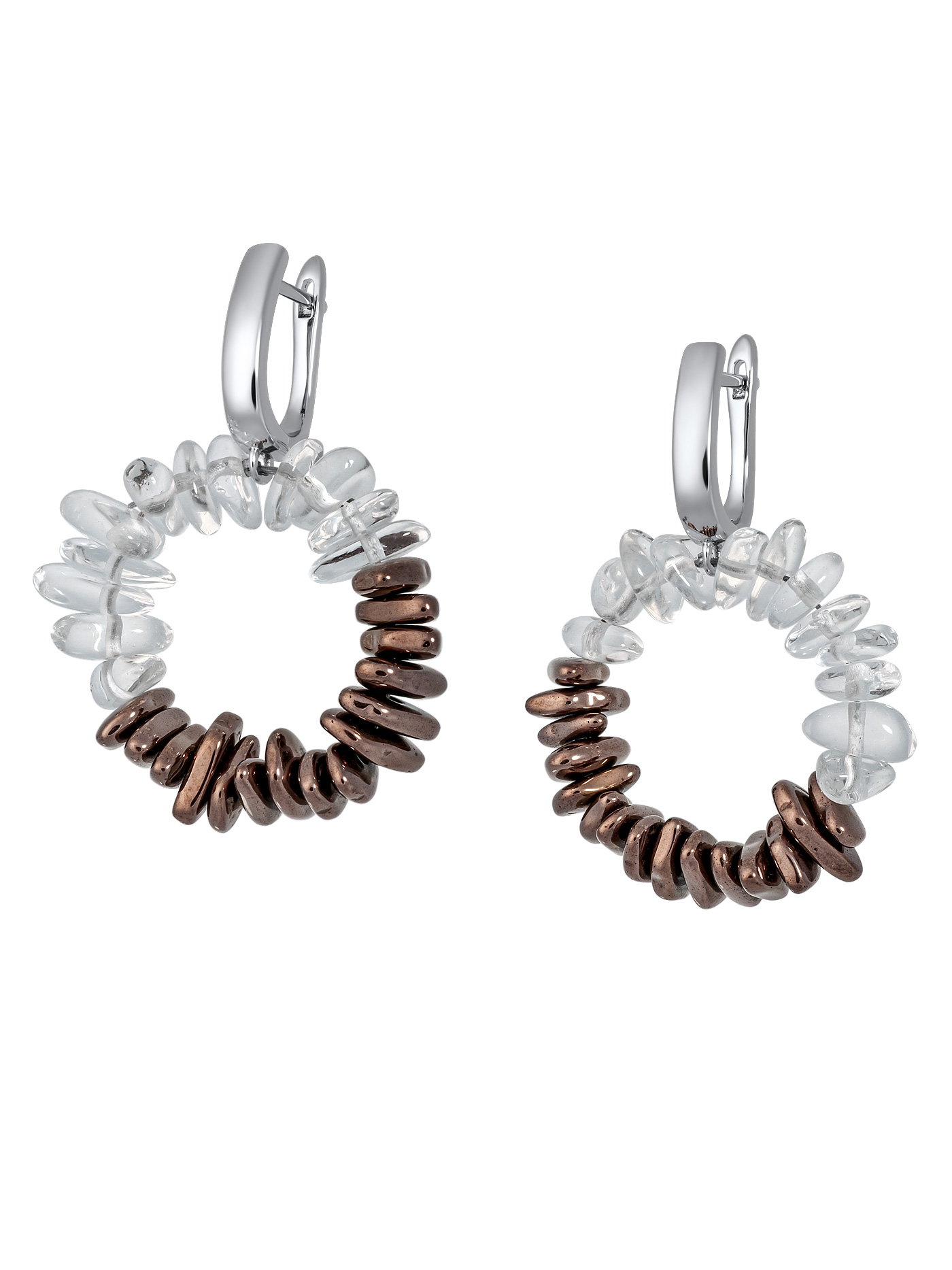 Дизайнерские круглые серьги с горным хрусталем и гематитом