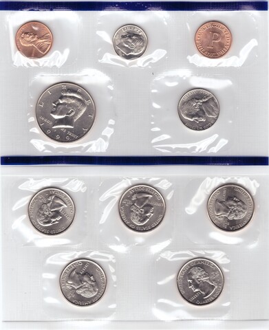 Годовой набор монет США 1999 год. Филадельфия (P: 4 монеты годовых + жетон; 5 монет 25 центов штаты) в родном конверте. Медно-никель, медь