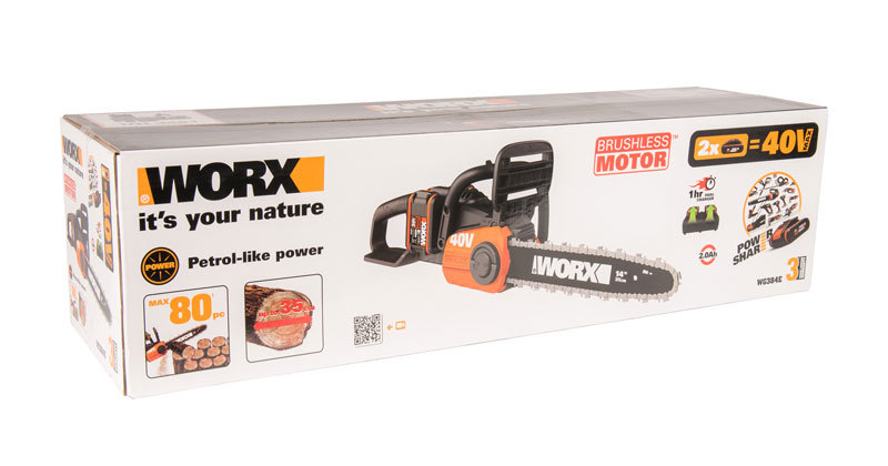 Цепная пила аккумуляторная WORX WG384E, 40В, 35 см, бесщеточная, 2*2,0 Ач, двойное ЗУ 2x2A