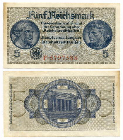 Банкнота Германия 3 рейх 5 рейхсмарок 1939 год F 5797588. Билеты имперских кредитных касс для оккупированных территорий. VF