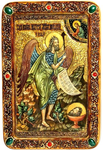 Инкрустированная живописная икона Пророк и Креститель Иоанн Предтеча 42х29см на натуральном кипарисе в подарочной коробке