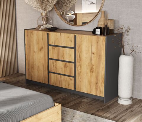 Остин Комод 1400 (2 двери 4 ящика) (Дуб крафт, Графит)