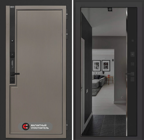 Входная дверь в квартиру Лабиринт Лаб про 1 Велютто кофе с зеркальной вставкой Панорама Кварц черный