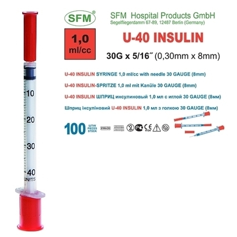 Шприц ( 3-х компонентный) 1 мл. инсулиновый U-40 с интегрированной иглой 0,30х8 ( 30G)