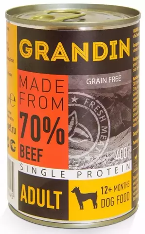 Grandin консервированный корм для взрослых собак всех пород, с говядиной и льняным маслом, 400 гр.
