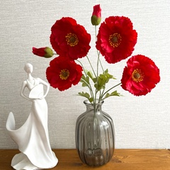 Мак искусственный, бархатистая ножка и листья, 2 цветка + 1 бутон на ветке, 58 см, набор 2 ветки.