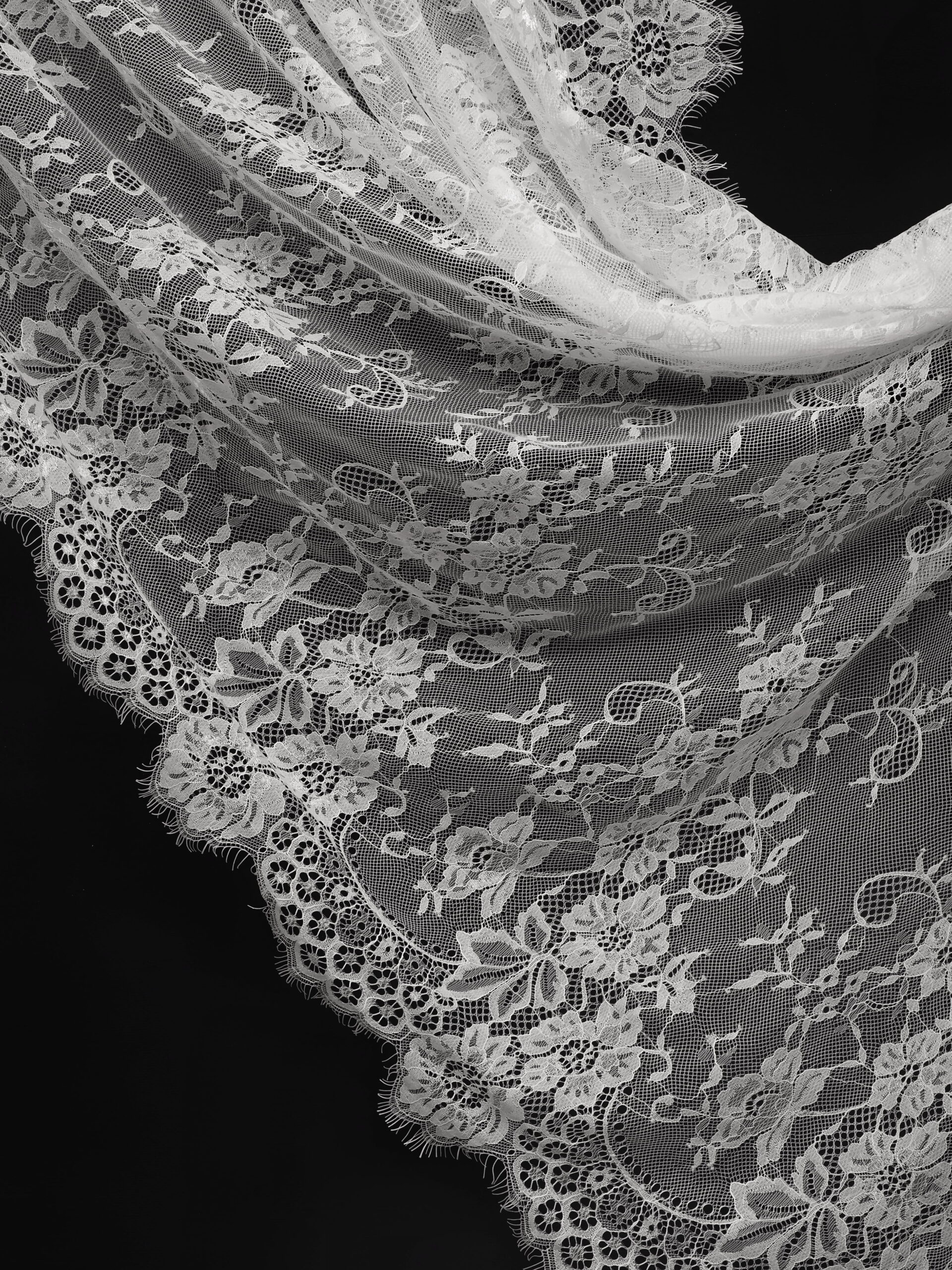 Кружево шантильи теплое белое широкое неэластичное ширина 1,5 м купон 2.9 м