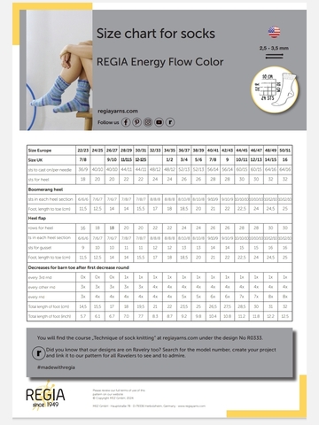 Таблица расчёта петель для носочной пряжи Regia Energy Flow Color