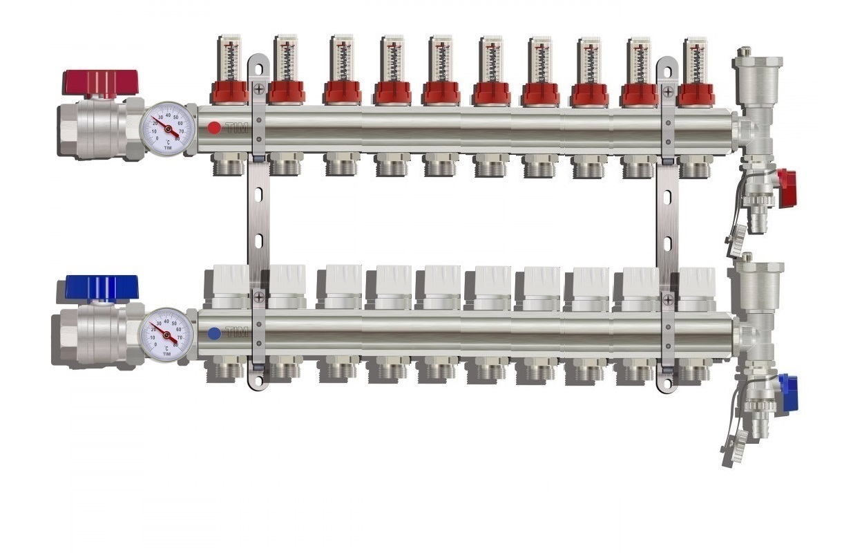 Коллектор для тёплого пола Тим на 10 выходов – купить недорого в  интернет-магазине Сантех-БРО | Цены на коллектор для тёплого пола с  расходомерами Tim 10 контуров
