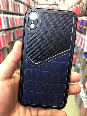 Силиконовый чехол с карбоном и эко-кожей Durable case LP series для iPhone XR (Синий)