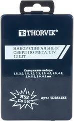 Thorvik TDBS13K5 Набор спиральных сверл по металлу HSS Co в металлическом кейсе, d1.5-6.5 мм, 13 предметов 52897