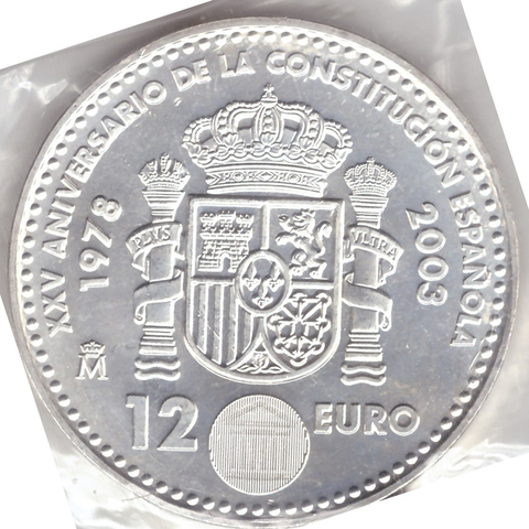 12 евро 2003 год. Испания. 25 лет конституции. Серебро UNC в запайке
