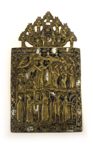 Икона меднолитая Покров Пресвятой Боргородицы (эмаль)