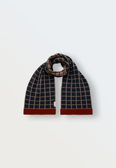 Шарф вязаный "Клетка" (теплый беж + синий)