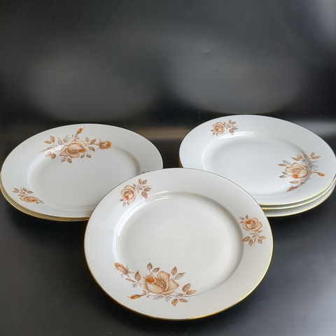 Тарелки под горячее, второе блюдо набор из 6 штук, фарфор, роспись, из сервиза "Коралловая роза", золочение, EPIAG D.F Чехословакия, винтаж времен СССР 1960-1990 гг