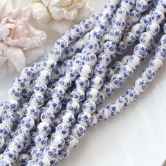 Бусина Шарик, керамика, белая с синей росписью, 10 мм, 1 нить, К156