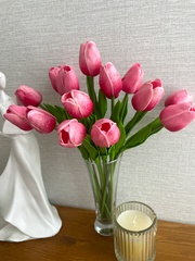 Тюльпаны реалистичные искусственные, Розовые оттенки, нежные, латексные (силиконовые), 34 см, букет из 15 штук