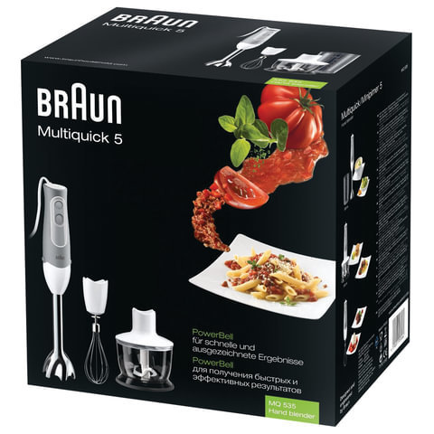 Блендер погружной BRAUN MQ535, мощность 600 Вт, 2 скорости, 2 насадки, измельчитель 0,5 л, белый