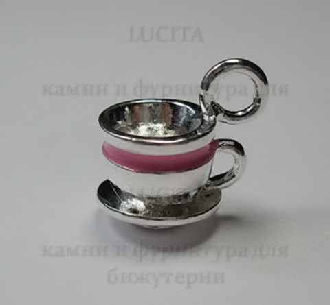 Подвеска 3D металлическая с эмалью "Чашечка с блюдцем" (цвет -серебро) 14х14  мм ()