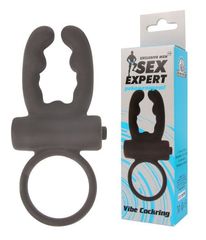 Чёрное эрекционное кольцо с вибрацией и рожками Sex Expert - 